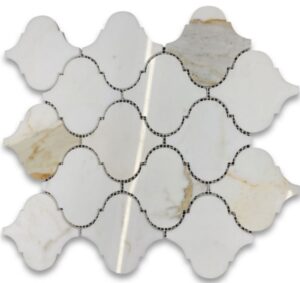 Calacatta gold marble arabesque tile backsplash