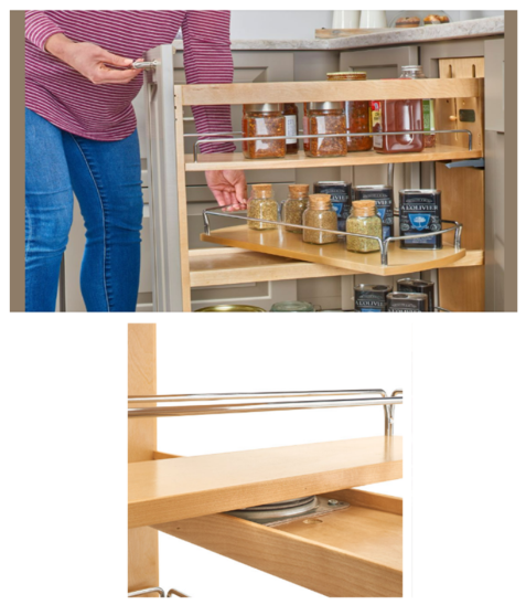 In-cabinet storage with swivel shelves