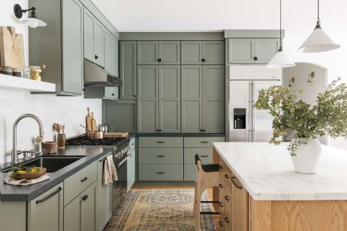 Shades of green are popular kitchen cabinet finish colors