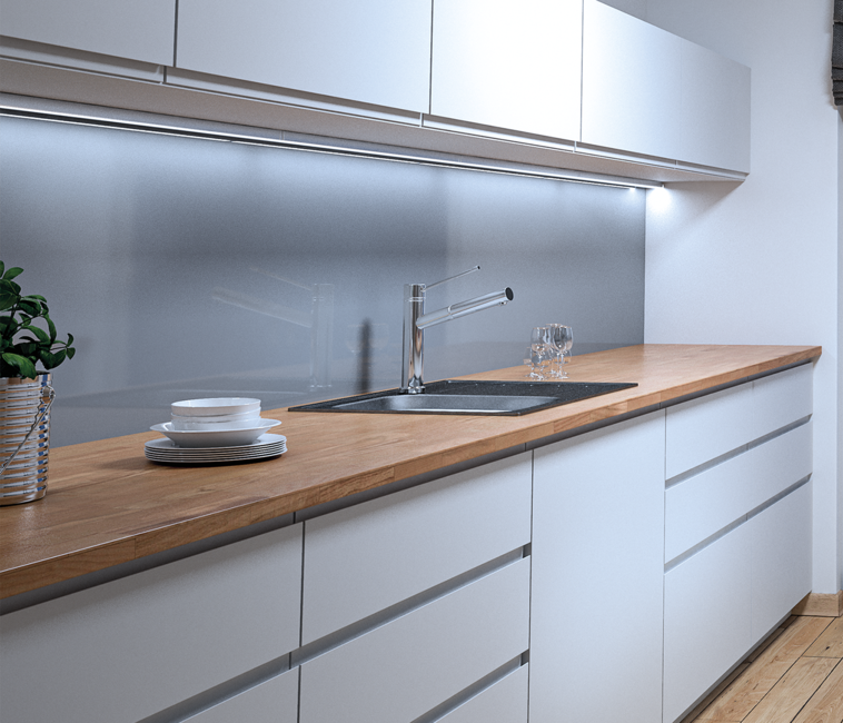 LED Lighting illuminates under cabinets