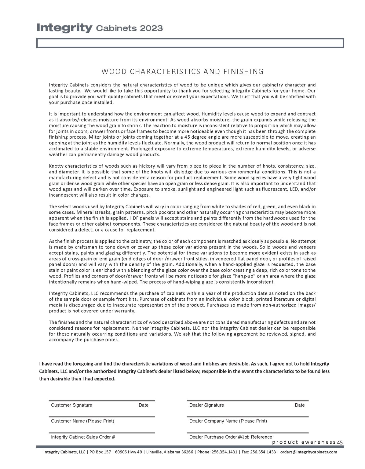 Integrity Cabinets Wood Disclaimer