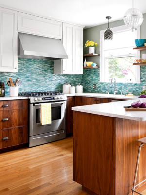 Modern Red Oak cabinets paired with painted cabinets