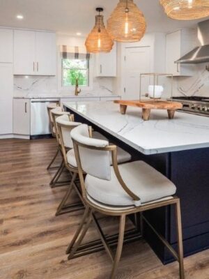 Custom blue paint on island from Brighton Cabinetry